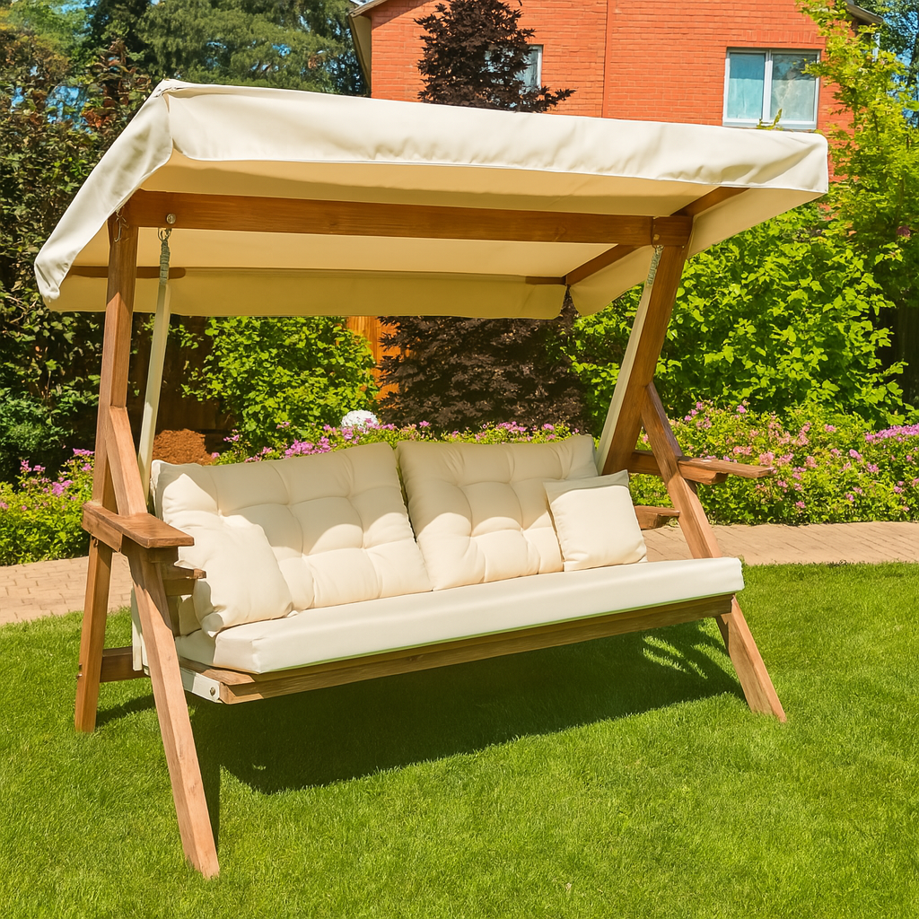 Садовые деревянные качели Royal Family LYON трёхместные (бежевые подушки) NEW 1